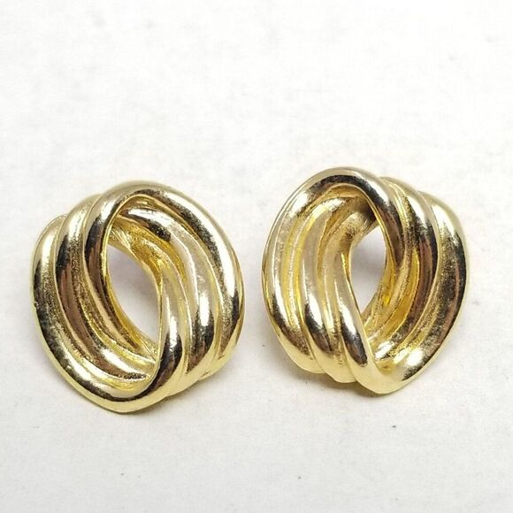 Vintage Simple Gold Tone Oval Shape Stud Earrings, Tube Illusion Design, Estate - Picture 5 of 5